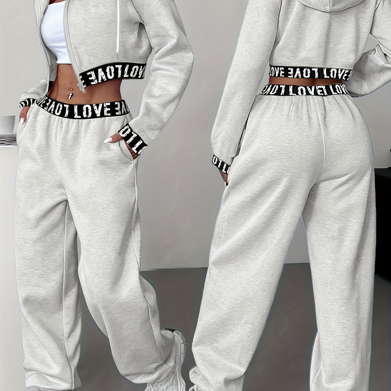 Sportieve dames-loungewear-tweedelige set met cropped hoodie en broek, band met het opschrift ‘LOVE’