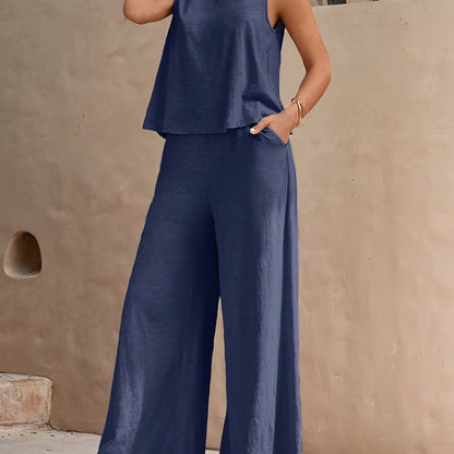 Damen Eleganter Zweiteiler mit Weit Bein Hose und Ärmellosem Top – Perfekt für Frühling und Sommer