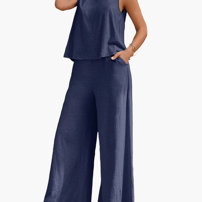 Damen Eleganter Zweiteiler mit Weit Bein Hose und Ärmellosem Top – Perfekt für Frühling und Sommer