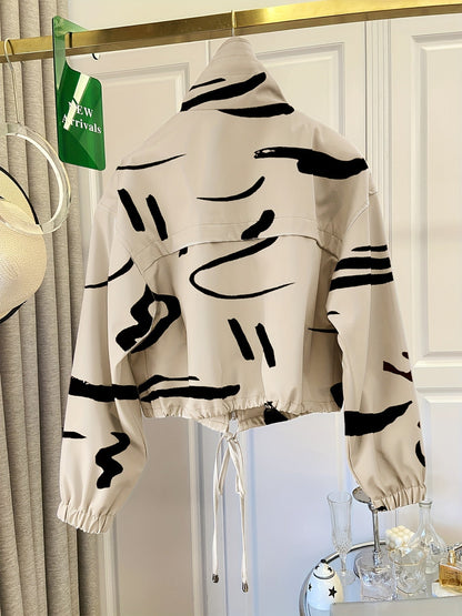 Damen Kurzjacke mit Reißverschluss und tropischem Blättermuster