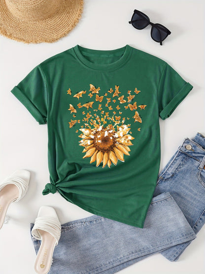 Dame T-shirt med solsikke og sommerfugle – Løs fritidstrøje med sommermotiv