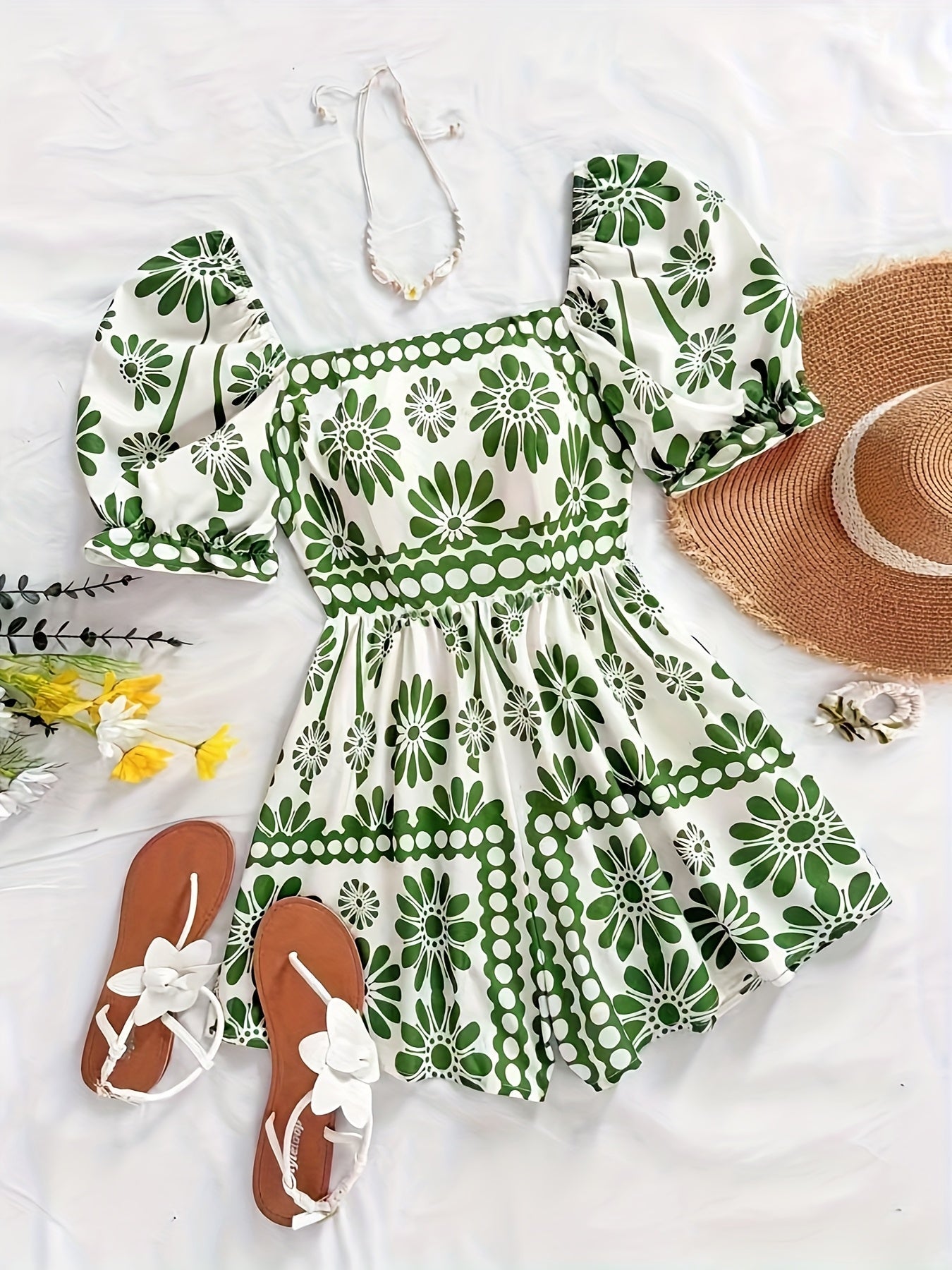 Dame vintage-jumpsuit med pufærmer og blomsterprint – Elegant heldragt til sommer og fritid