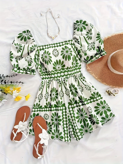 Dame vintage-jumpsuit med pufærmer og blomsterprint – Elegant heldragt til sommer og fritid