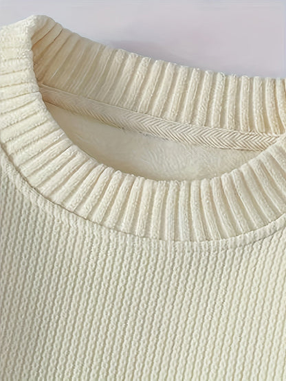 Suéter unisex de cuello redondo con textura acanalada y parches en los codos