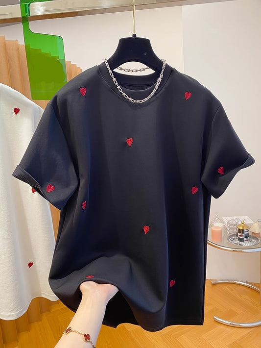 Dames T-shirt met geborduurde harten, casual stijl voor lente en zomer