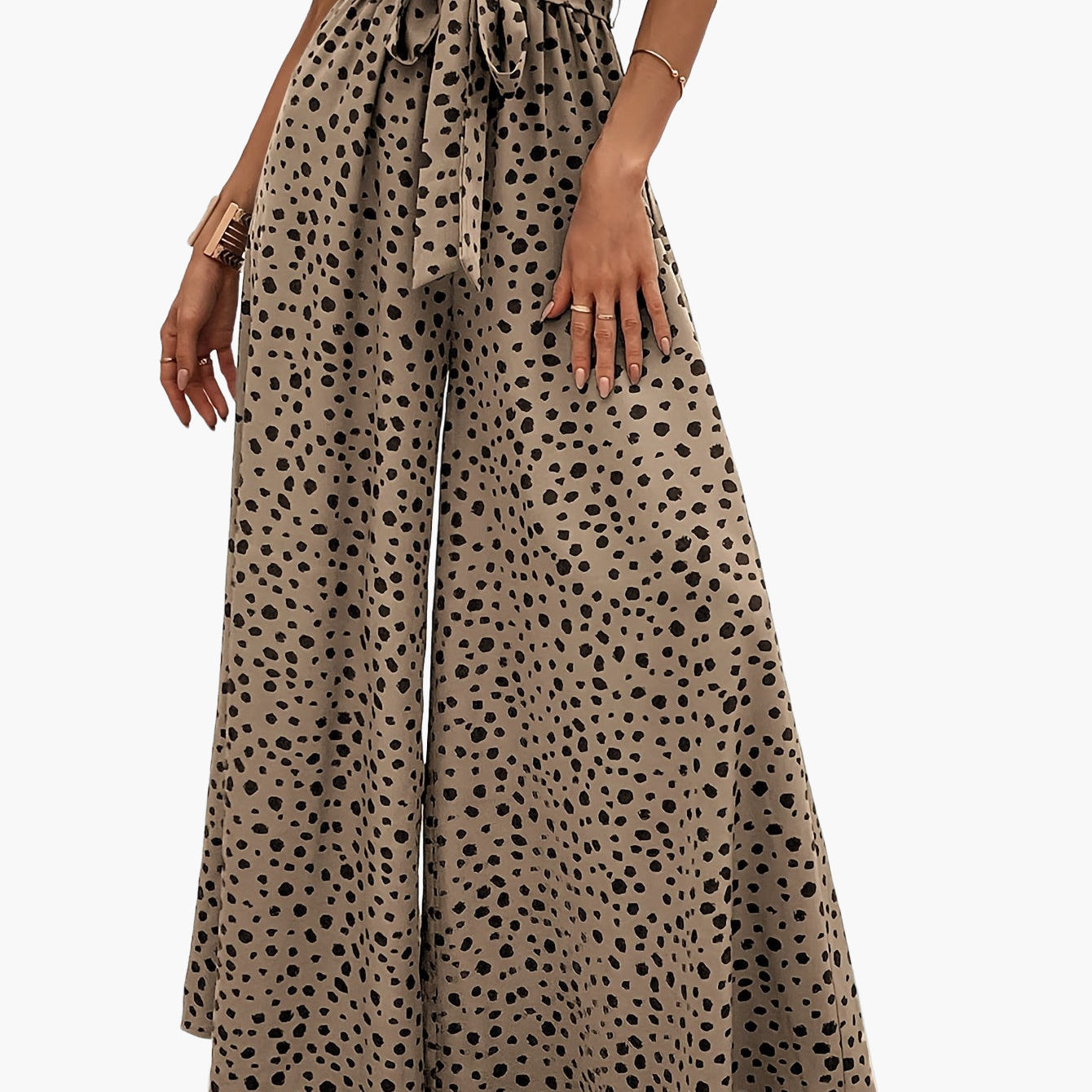 Dames elegante wijde broek met stippen en ceintuur – perfect voor lente & zomer