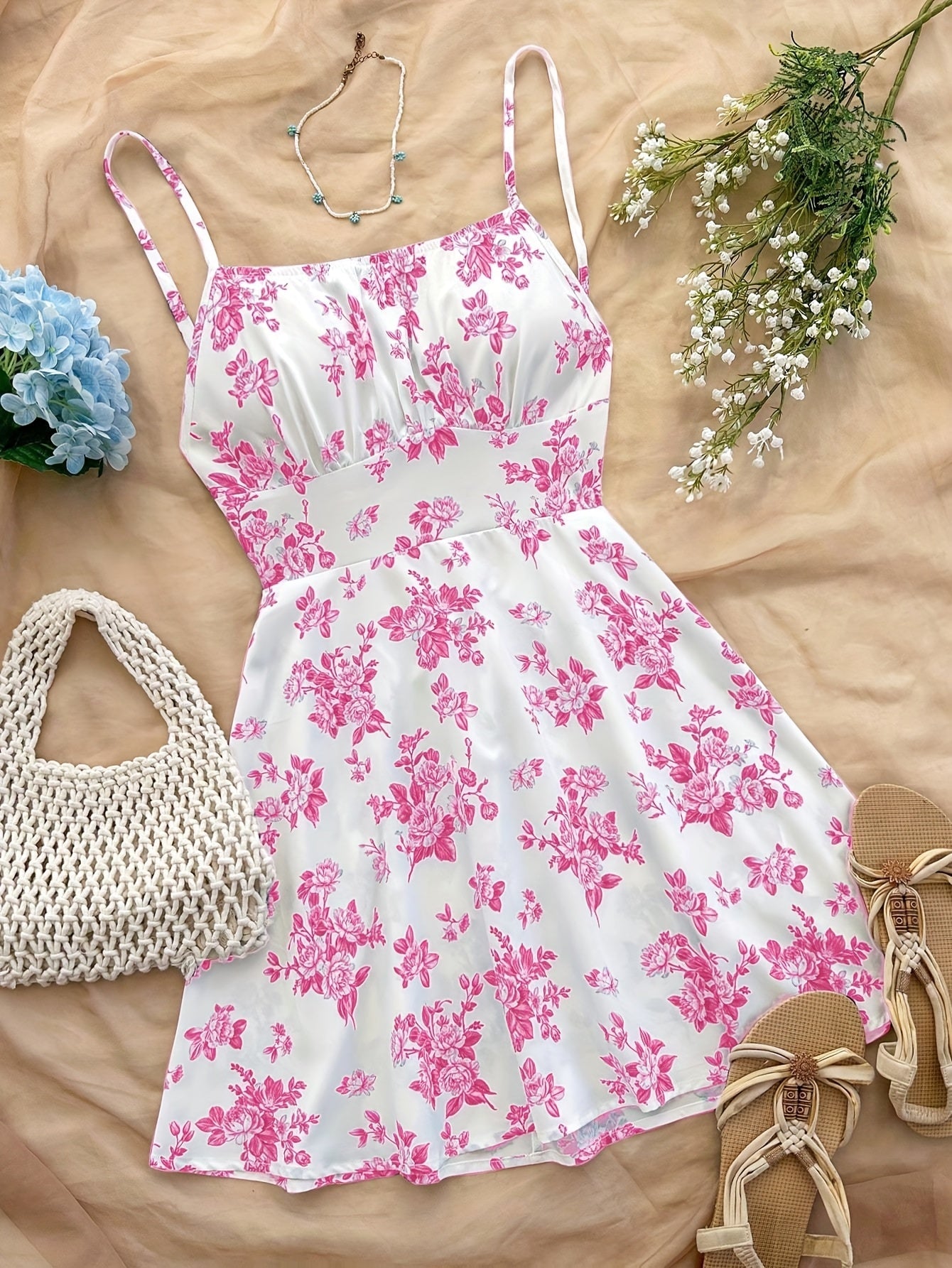 Dame sommerkjole elegant med blomsterprint og spaghetti-stropper – Perfekt for fritid og spesielle anledninger