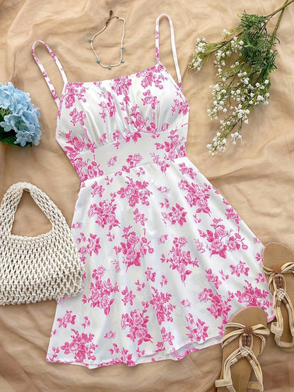 Dame sommerkjole elegant med blomsterprint og spaghetti-stropper – Perfekt for fritid og spesielle anledninger