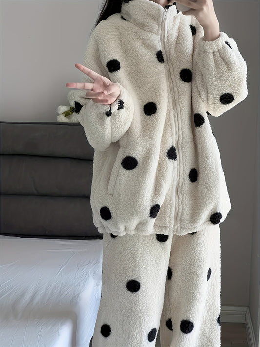 Ensemble de pyjama en polaire effet peluche, motif à pois, beige, fermeture éclair