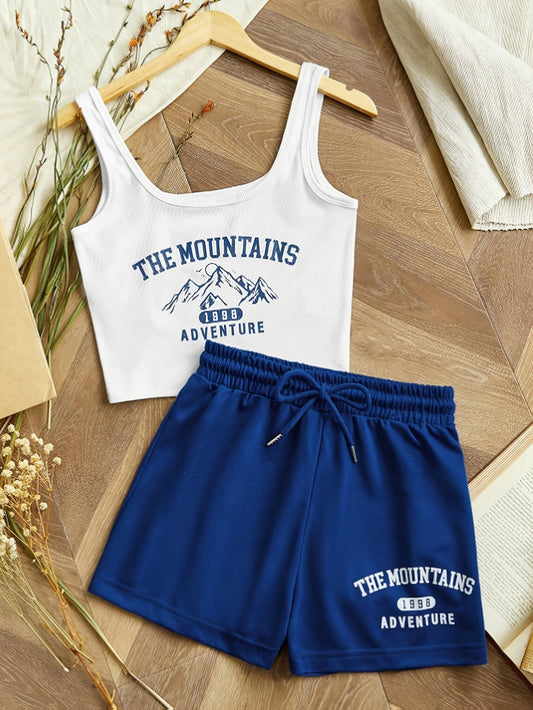 Conjunto deportivo casual para mujer – The Mountains Adventure Top y shorts – Atuendo de verano para estar en casa