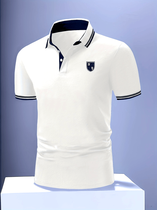 Polo para hombre estilo casual universitario con detalles en contraste y bordado – manga corta para uso diario y tiempo libre