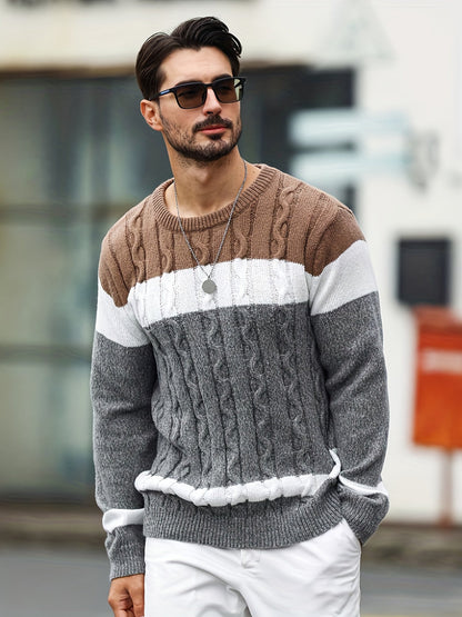 Herren Strickpullover Zopfmuster Colorblock Rundhals