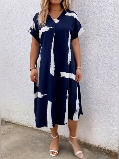 Damen Elegant Midi Tunika Kleid mit V-Ausschnitt und Modernem Print – Ideal für Alltag und besondere Anlässe