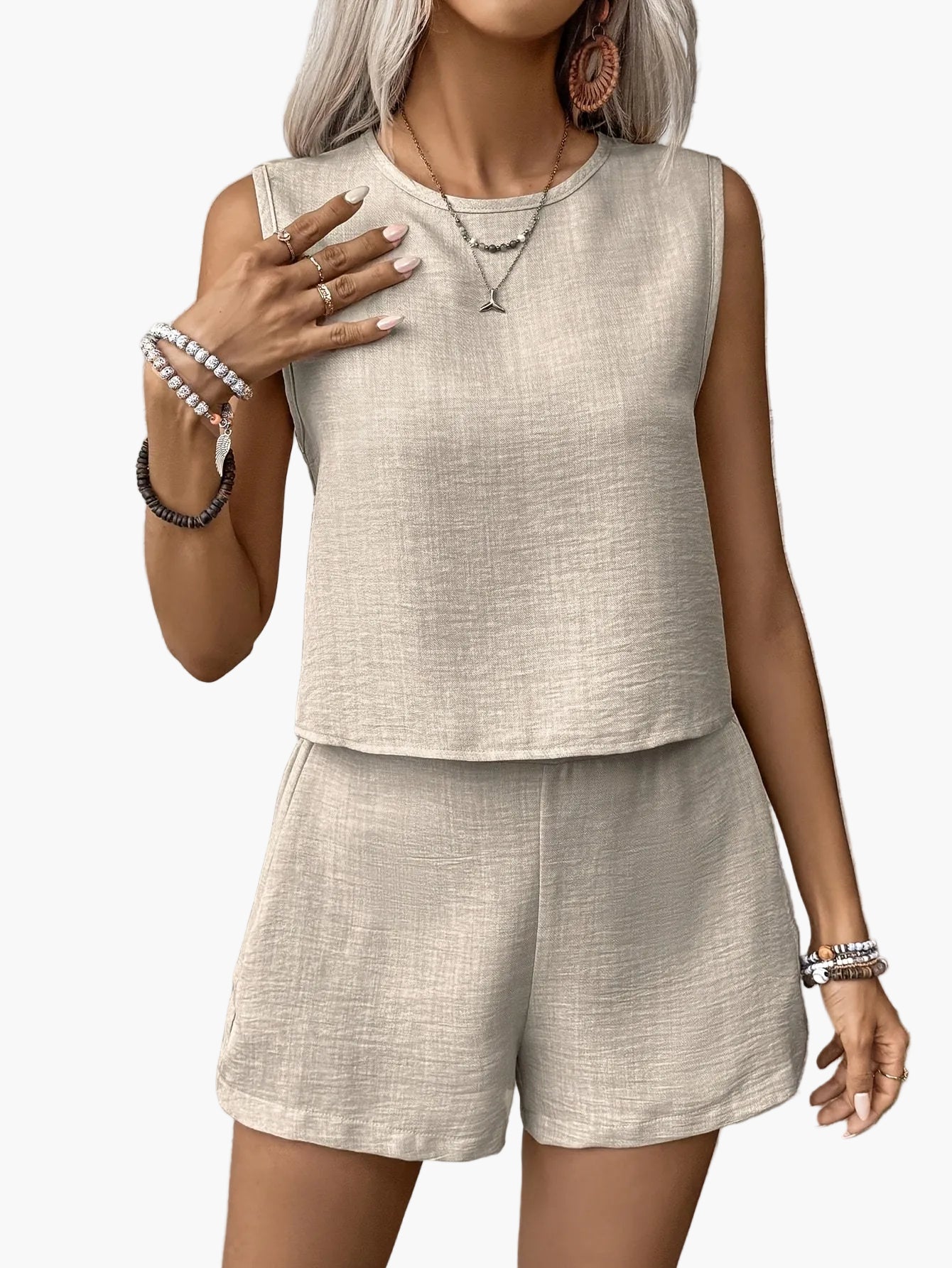 Dame sommer-sæt elegant todelt med ærmeløs top og shorts fritidsoutfit