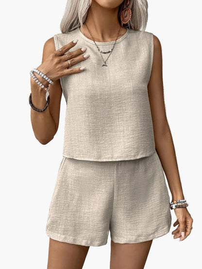 Dame sommer-sæt elegant todelt med ærmeløs top og shorts fritidsoutfit
