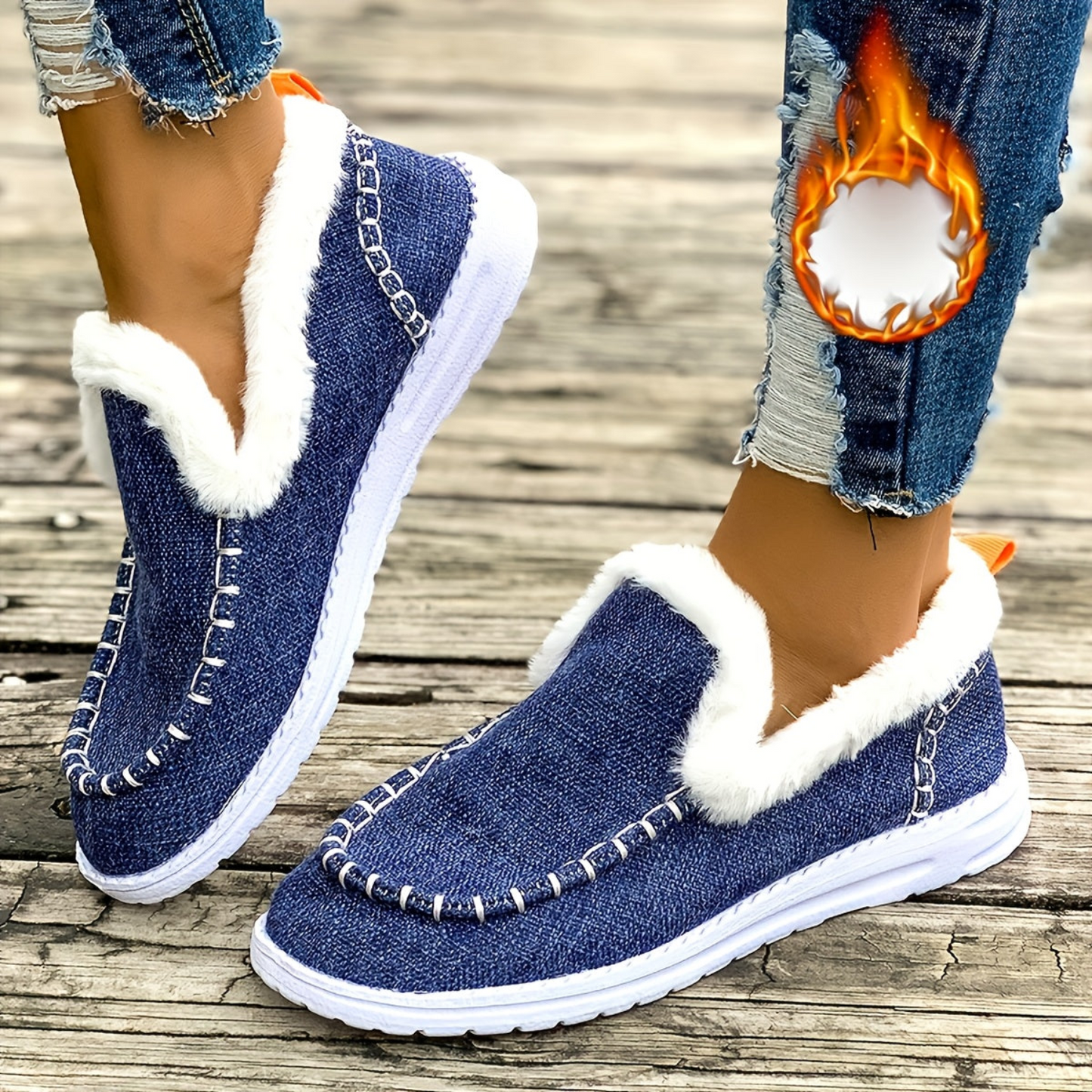 Damen gefütterte Mokassins Grün mit weißem Plüschrand Loafer