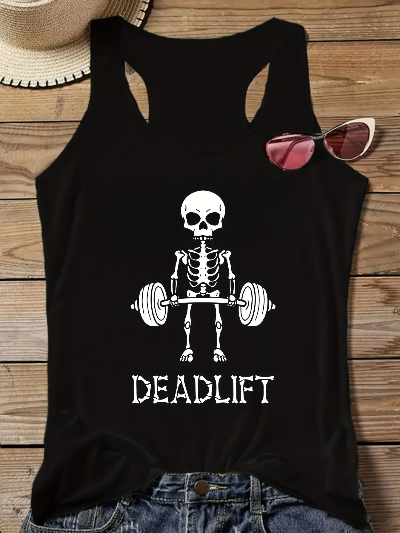 Damlinne med skelett-Deadlift-motiv – sportig fitnessfun racerback-topp
