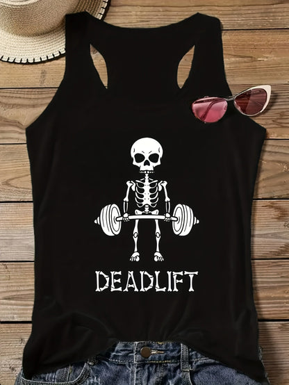 Damlinne med skelett-Deadlift-motiv – sportig fitnessfun racerback-topp