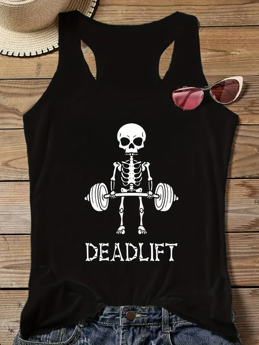Dames tanktop met skelet-deadlift motief – sportief fitness fun racerback shirt