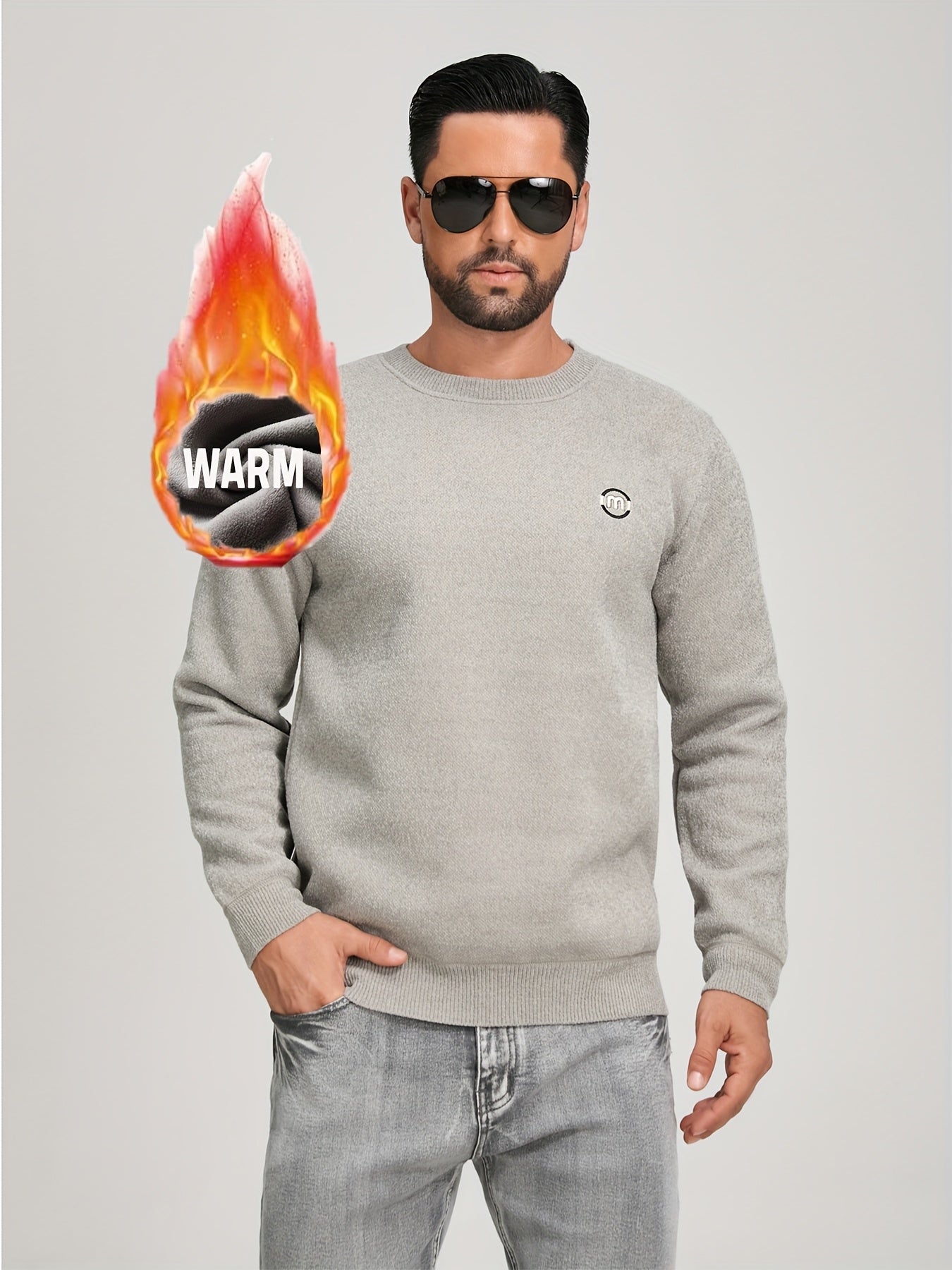 Unisex Winter Pullover Rundhals Grau meliert Warm gefüttert