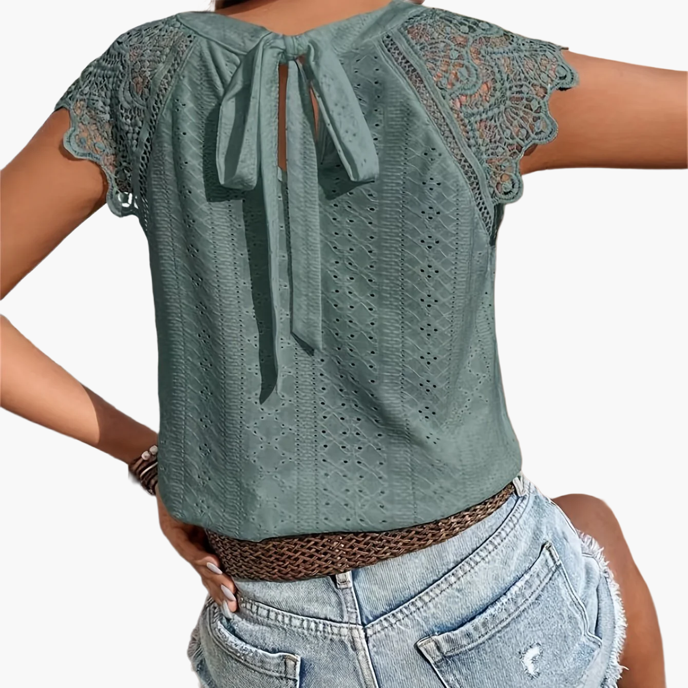 Damen Spitzenbluse mit Rückenschleife und Häkelärmeln – Sommer Casual Oberteil