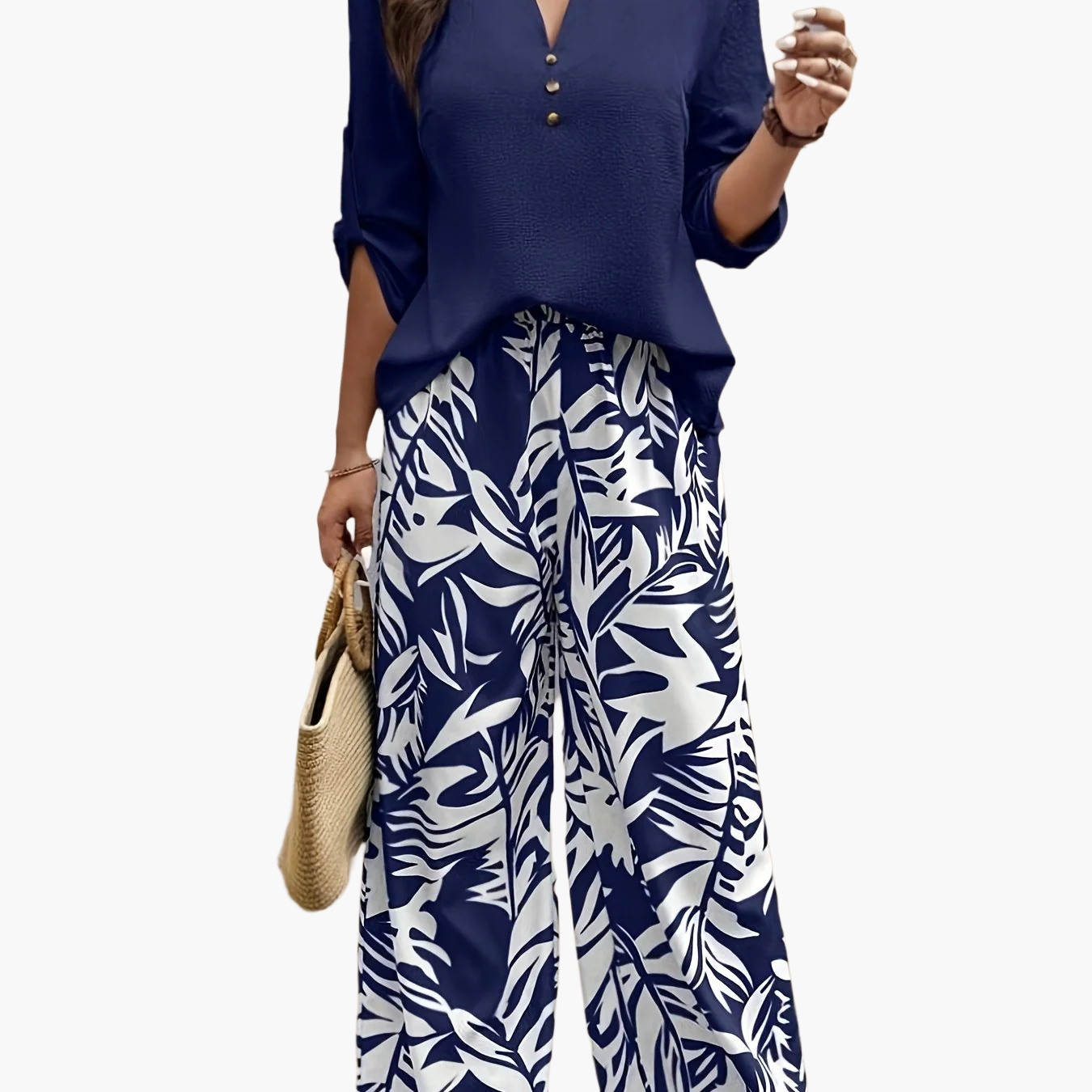 Abbigliamento casual elegante da donna con motivo tropicale – Camicetta e pantaloni larghi, perfetti per primavera e estate