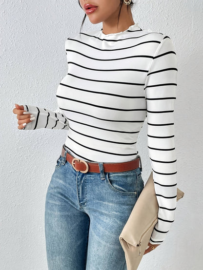 Damen Langarmshirt gestreift Rollkragen weiß-schwarz schmal geschnitten