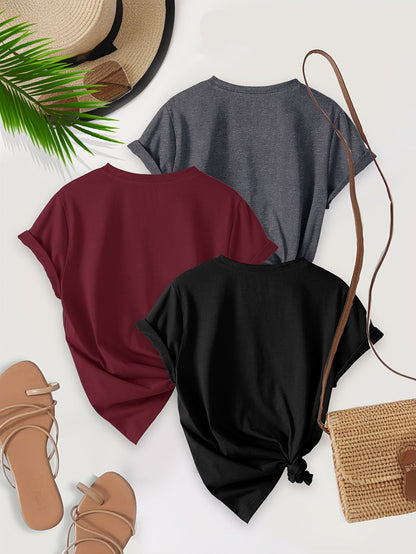 T-shirt basic da donna confezione da 3 – Maglietta casual alla moda con dettaglio nodo e maniche risvoltate