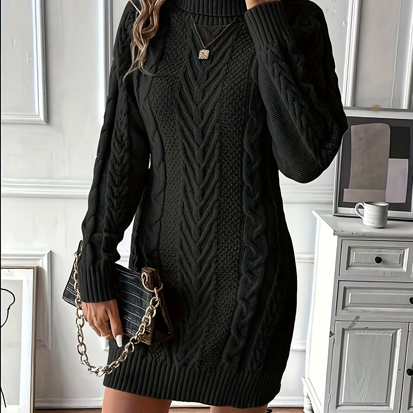 Damen Strickkleid Rollkragen Zopfmuster Langarm