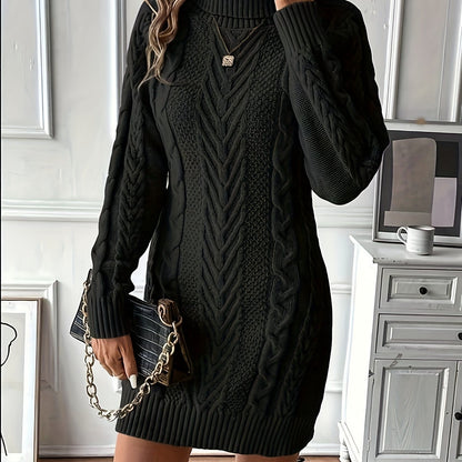 Damen Strickkleid Rollkragen Zopfmuster Langarm
