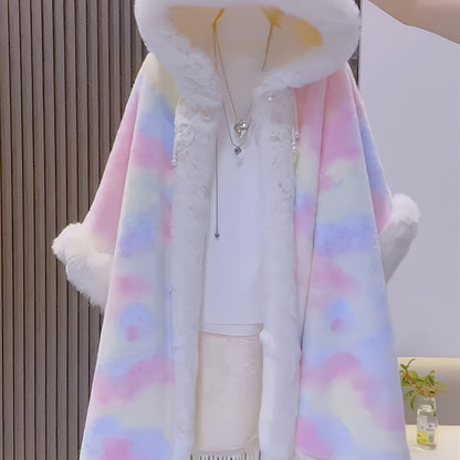 Bunter Cape mit Kapuze und Fransen aus Plüschmaterial
