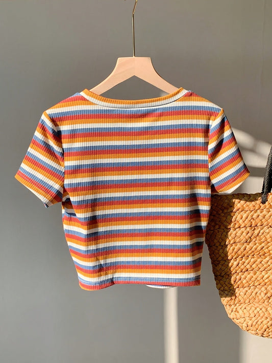 Dames kortarm ribgebreid T-shirt in retro-strepenlook – vrije tijd & zomer