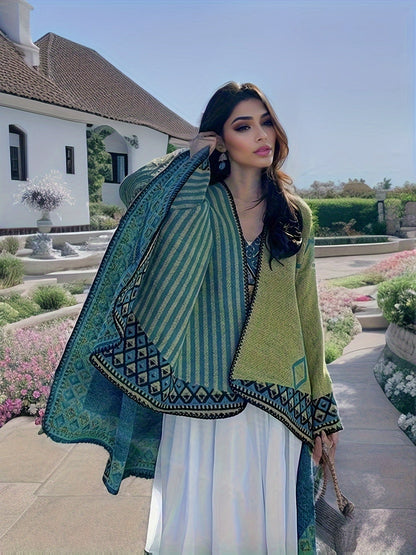 Poncho da donna multicolore verde con righe e motivo geometrico