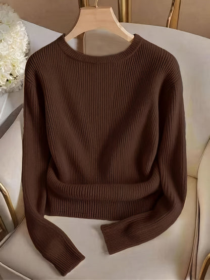 Gerippter Damen Pullover Rundhals Langarm mit Zierknöpfen
