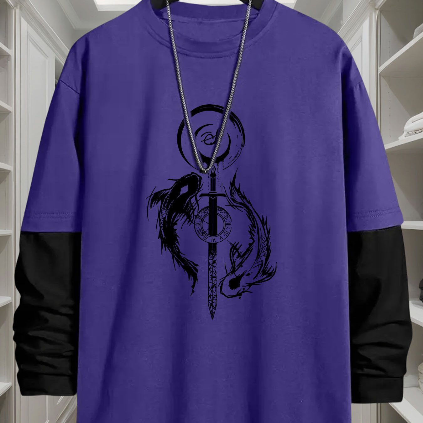 Unisex Langarm-T-Shirt mit Schwert- & Drachen-Print, Mehrfarbig