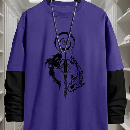 Unisex Langarm-T-Shirt mit Schwert- & Drachen-Print, Mehrfarbig