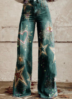 Jean large bohème pour femmes avec design artistique graphique et style vintage, idéal pour le streetwear et les festivals