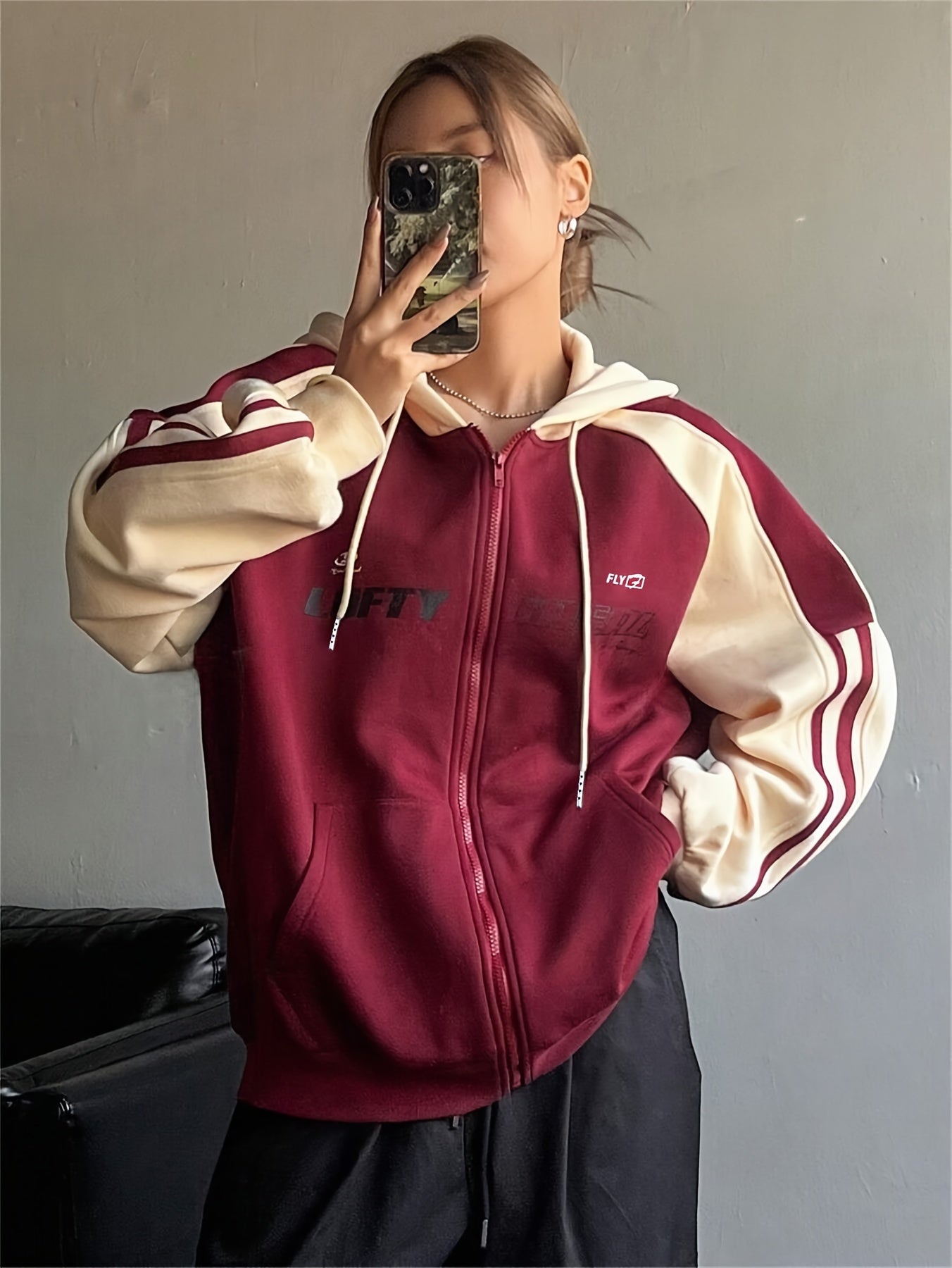Kapuzenjacke Damen Reißverschluss Zweifarbig Rot Apricot Streifen Oversize