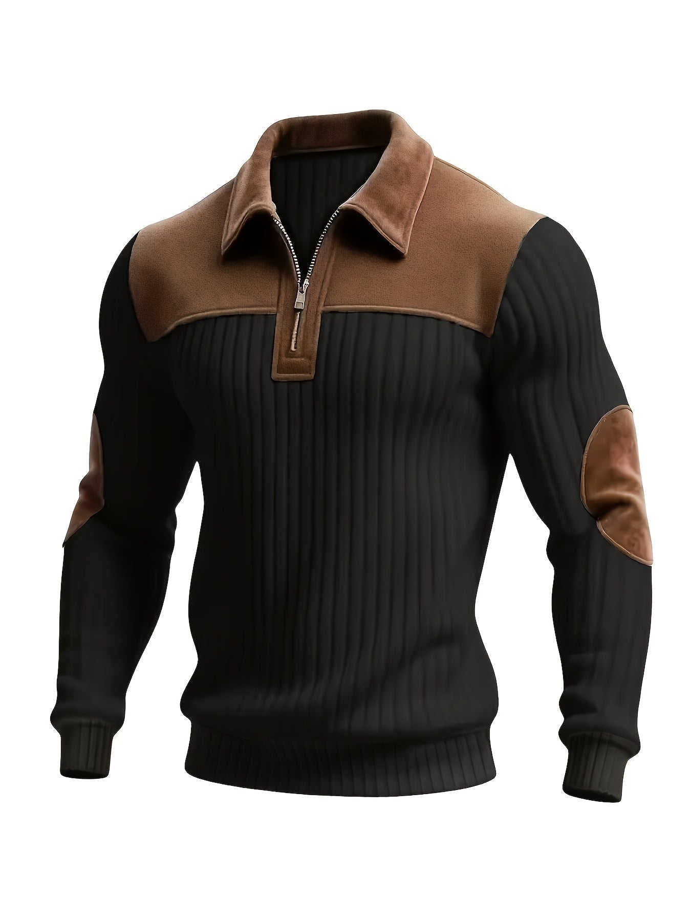 Herren Rippstrick Pullover mit Kragen, Reißverschluss und Patches