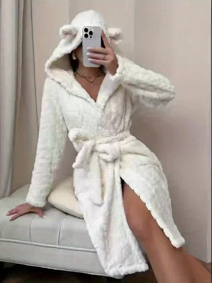 Peignoir de bain douillet à capuche et oreilles pour femmes