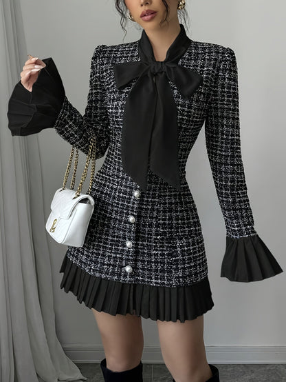 Tweed Minikleid mit Schleife und Rüschen Ärmeln Schwarz-Weiß