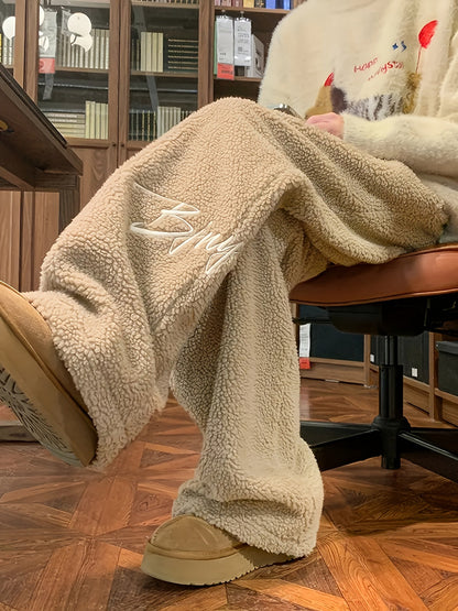 Weite Teddyfleece Hose für Damen, Plüschhose mit Stickerei, lockerer Schnitt
