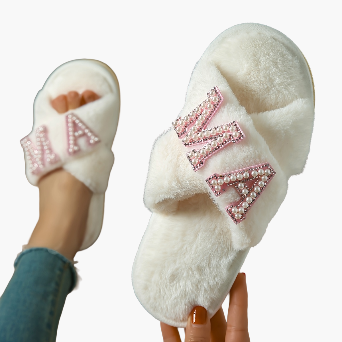 Pantofole da donna in peluche con decorazioni di perle e scritta 'MAMA' – Comode ciabatte per casa, regalo per mamme
