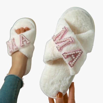 Pantofole da donna in peluche con decorazioni di perle e scritta 'MAMA' – Comode ciabatte per casa, regalo per mamme