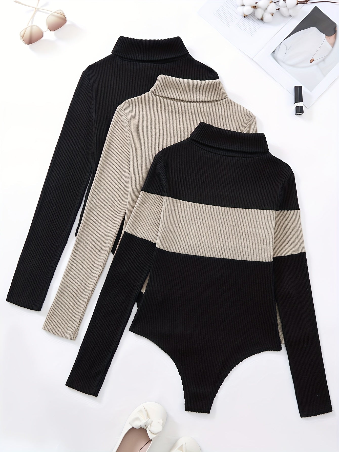 Damen Rollkragen Body Gerippt Langarm