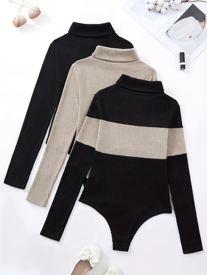 Damen Rollkragen Body Gerippt Langarm