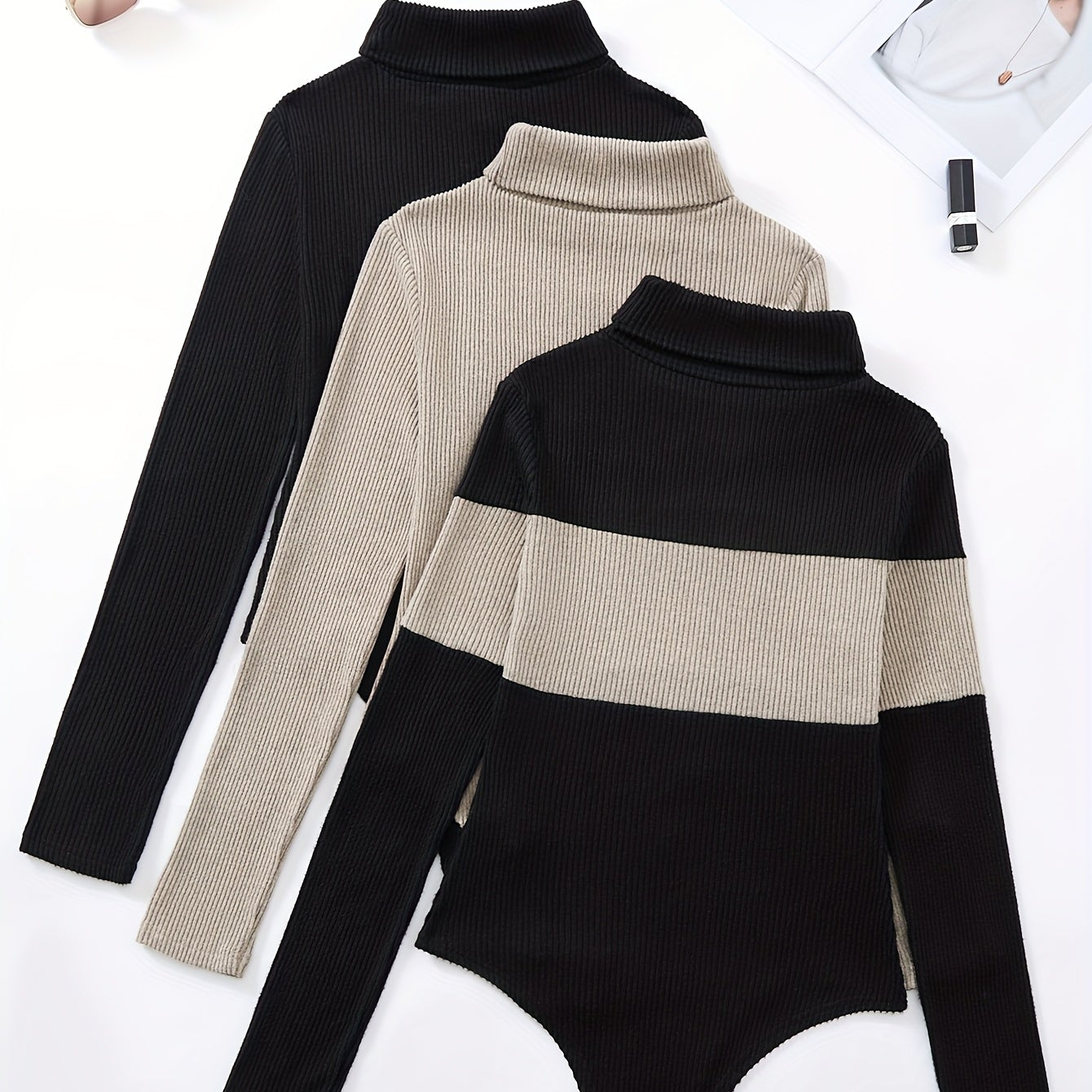 Damen Rollkragen Body Gerippt Langarm