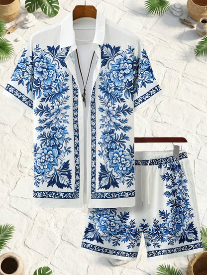 Ensemble d'été décontracté homme avec chemise à manches courtes et short, motif floral, vacances & plage