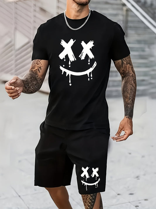 Heren set met smiley-gezicht print – casual T-shirt en korte broek voor vrije tijd en zomer