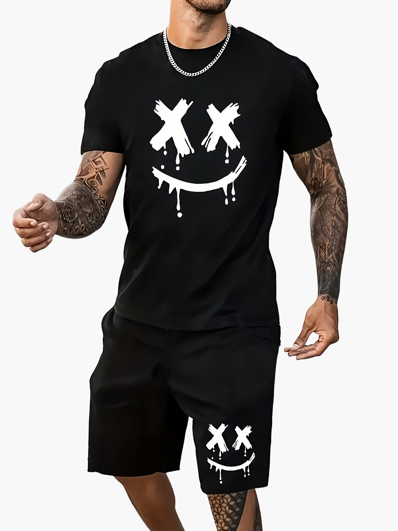Herren Set mit Smiley-Gesicht Print – Lässiges T-Shirt und Shorts für Freizeit und Sommer